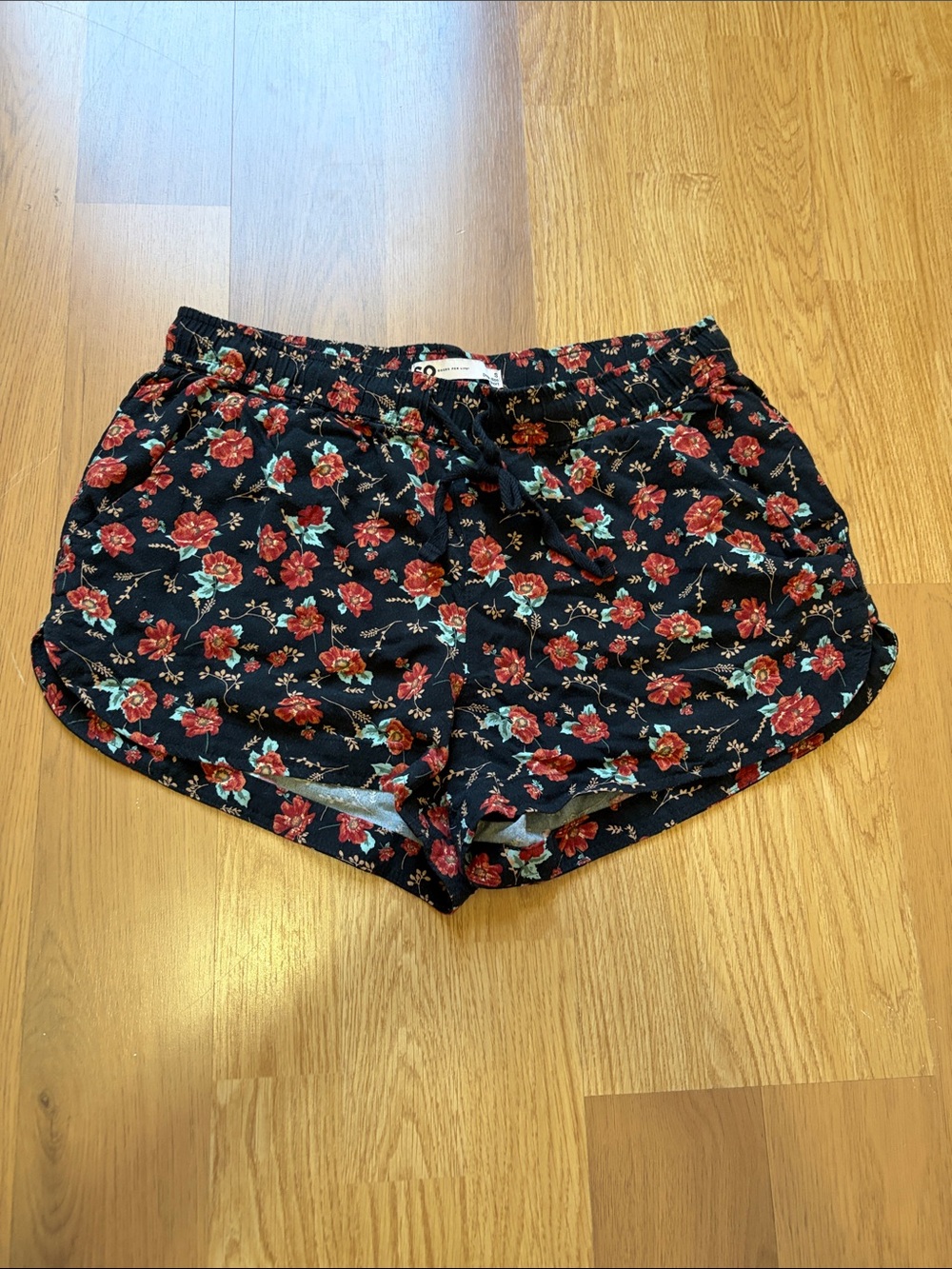 SO Black Floral Athletic Lounge Shorts with Red Flowers